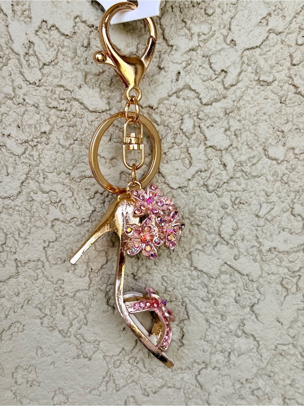 Sparkling Gold High Heel Keychain/Bag Charm with Pink Rhinestone Flowers